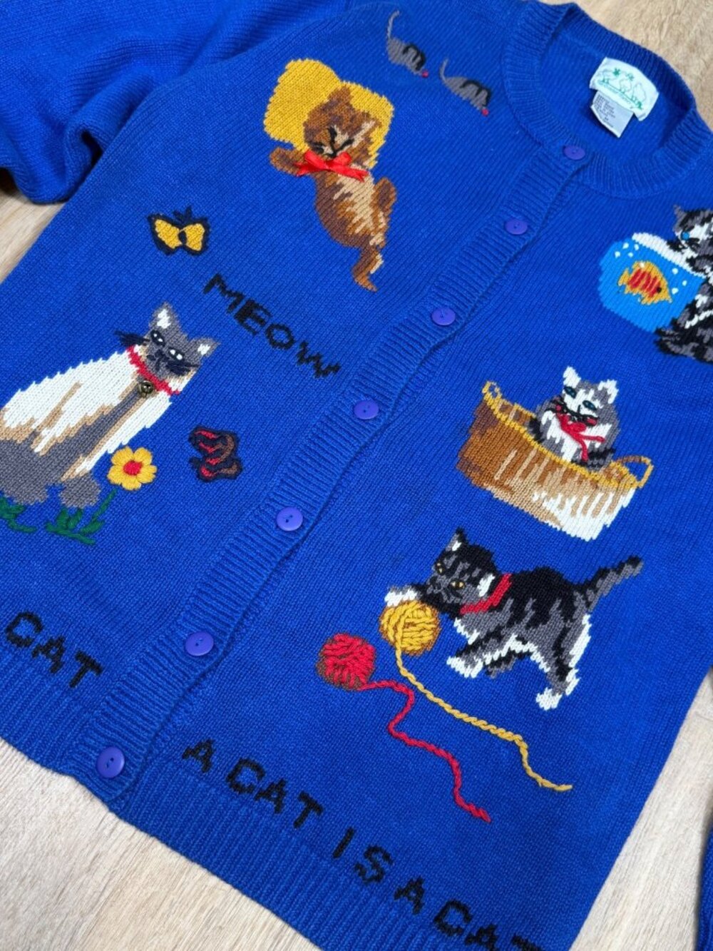The Quacker Factory A Cat Is A Cat Vintage 90s Sweater Medium Cotton Ramie Novel - Picture 3 of 9